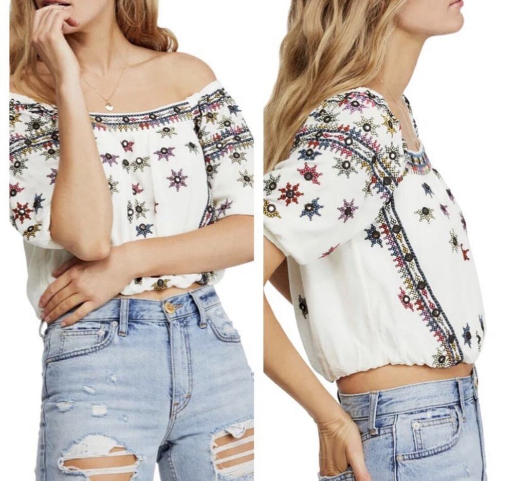Free People Embroidered Off Shoulder Aurora Smock Bottom Top S P